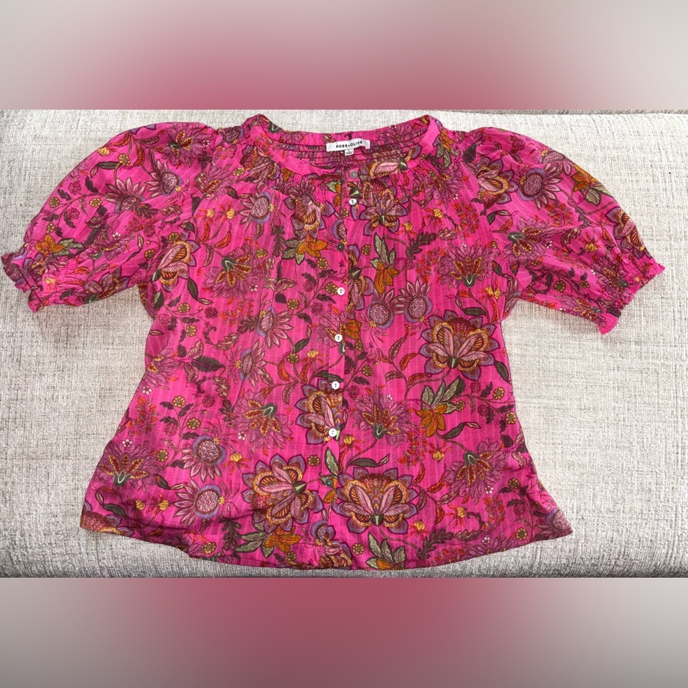Rose + Olive Pink Floral Boho Peasant Blouse Puff Sleeve Cottagecore Top Size L